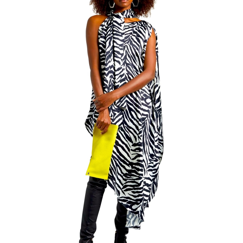 MM6 Martin Margiela - Asymmetric tie-neck zebra-print satin midi dress